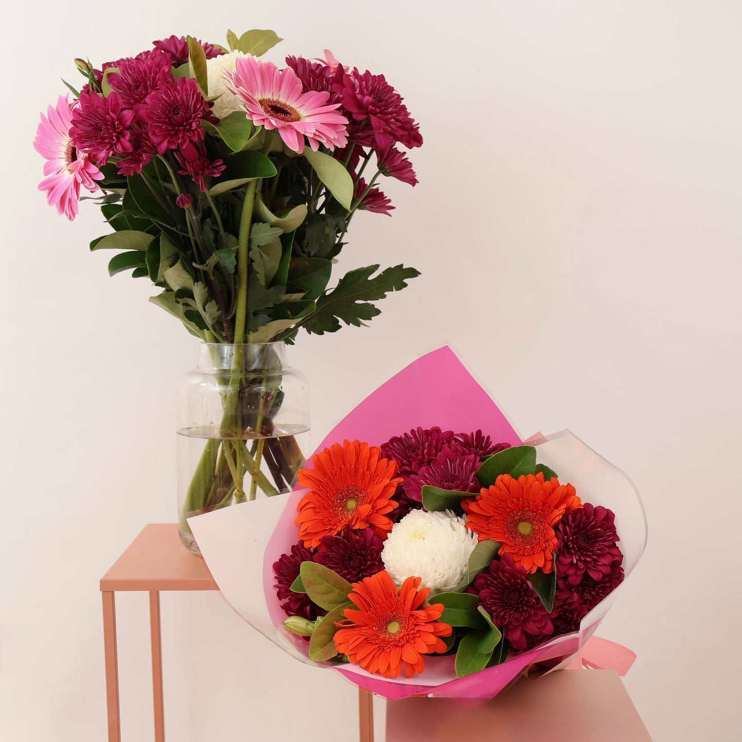 Signature fresh flower bouquet in bright wrapping.