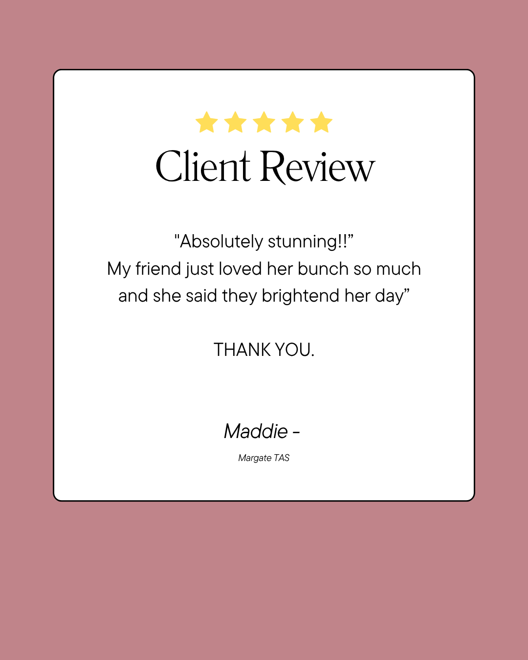 Five-star client review on a pink background