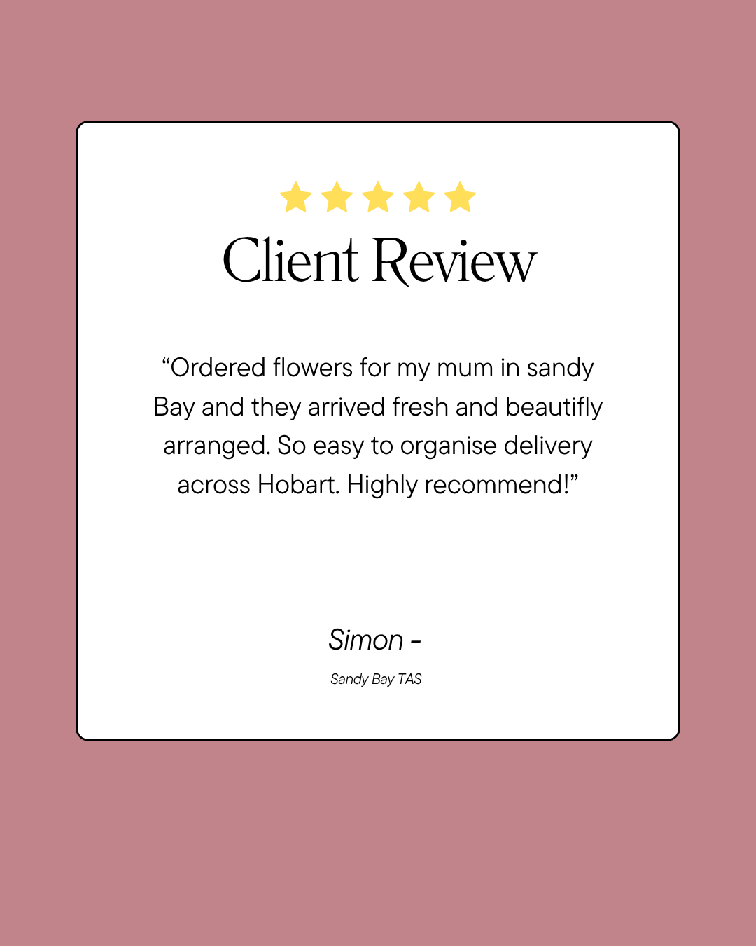 Five-star client review for a flower delivery service on a pink background
