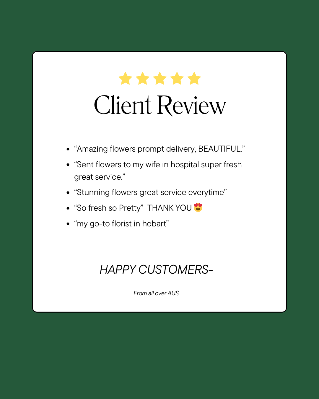 Five-star client review card with positive feedback on a green background