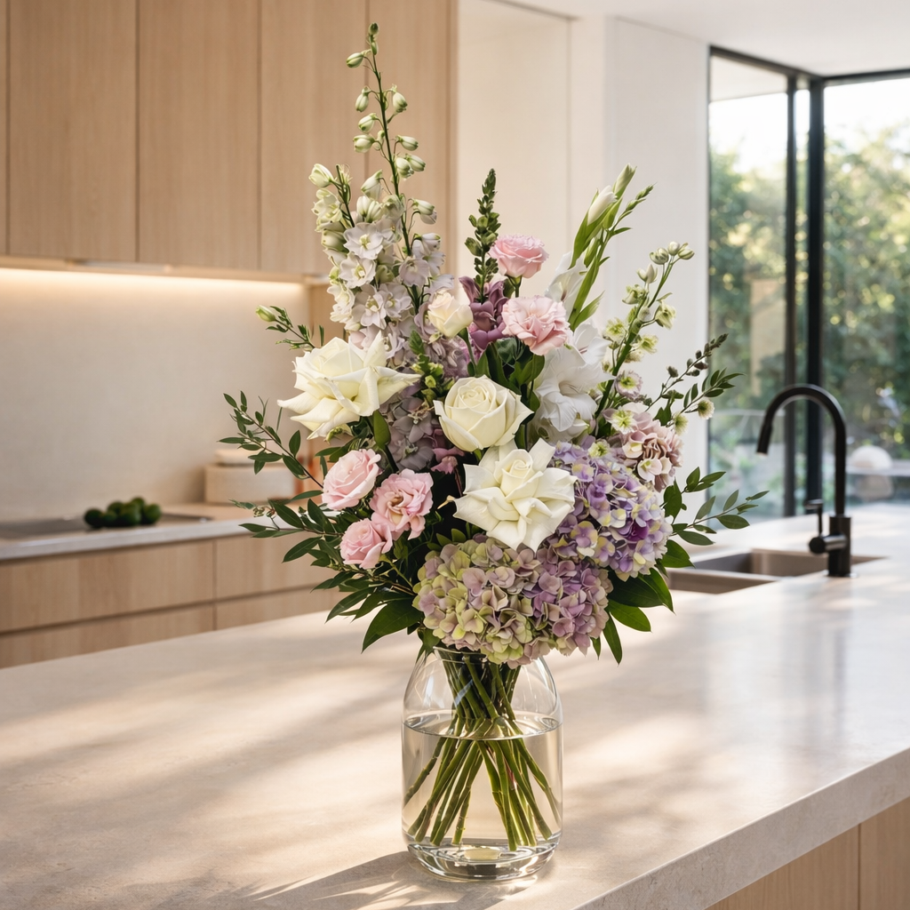 Fresh Floral arrangement in a clear vase on a kitchen counter. Delivered to Hobart Tasmania