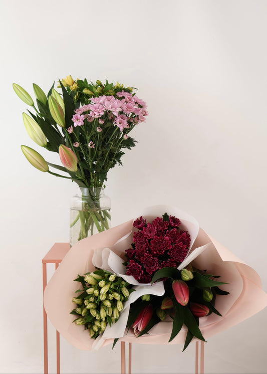 Varieties of fresh cut home flowers in premium wrapping